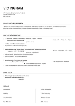 Appraiser Resume Sample & Tips | Online Resume Builder