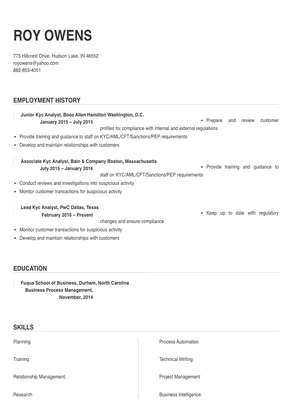 Kyc Analyst Resume Sample & Tips | Online Resume Builder