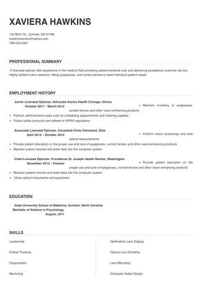 Licensed Optician Resume Sample & Tips | Online Resume Builder