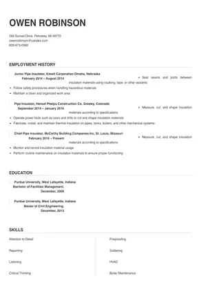 Pipe Insulator Resume Sample & Tips | Online Resume Builder