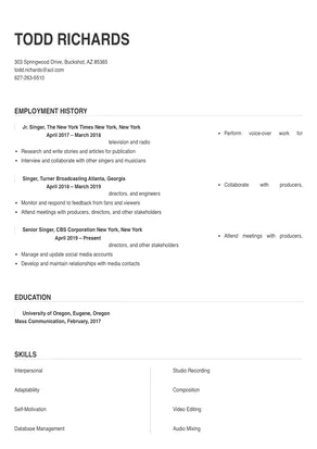 Singer Resume Sample & Tips | Online Resume Builder