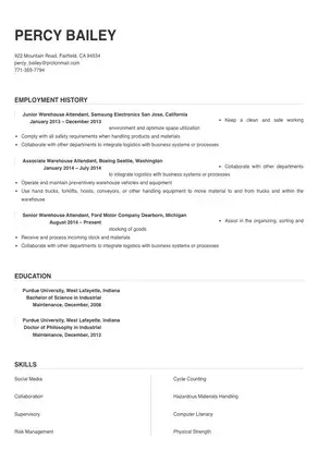 Warehouse Attendant Resume Sample & Tips | Online Resume Builder