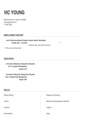 Warehouse Material Handler Resume Sample & Tips | Online Resume Builder